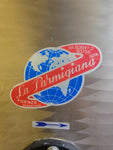Used La Parmigiana pasta machine red. Detail of La Parmigiana logo - La Pizza Hub