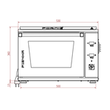 Technical front elevation drawing of the Effeuno P134HA 509°C electric pizza oven with high chamber showing external dimensions and control panel layout - La Pizza Hub