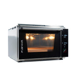 Front three-quarter studio view of the new Effeuno P134HA 509 C electric pizza oven with high chamber, a digital control panel display, and illuminated interior baking stone - La Pizza Hub