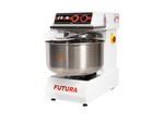 Side view of white dough mixer with a 55 Lt. stainless-steel bowl on a white background, branded 'Futura40' by PEB Machinery - La Pizza Hub