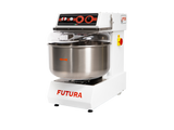 Side view of white dough mixer with a 55 Lt. stainless-steel bowl on a white background, branded 'Futura40' by PEB Machinery - La Pizza Hub