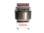 Front view of white dough mixer with a 55 Lt. stainless-steel bowl on a white background, branded 'Futura40' by PEB Machinery - La Pizza Hub