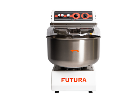 Front view of white dough mixer with a 55 Lt. stainless-steel bowl on a white background, branded 'Futura40' by PEB Machinery - La Pizza Hub