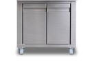 Stainless steel kitchen cart with two doors on a white background - - La Pizza Hub