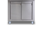 Stainless steel kitchen cart with two doors on a white background - - La Pizza Hub